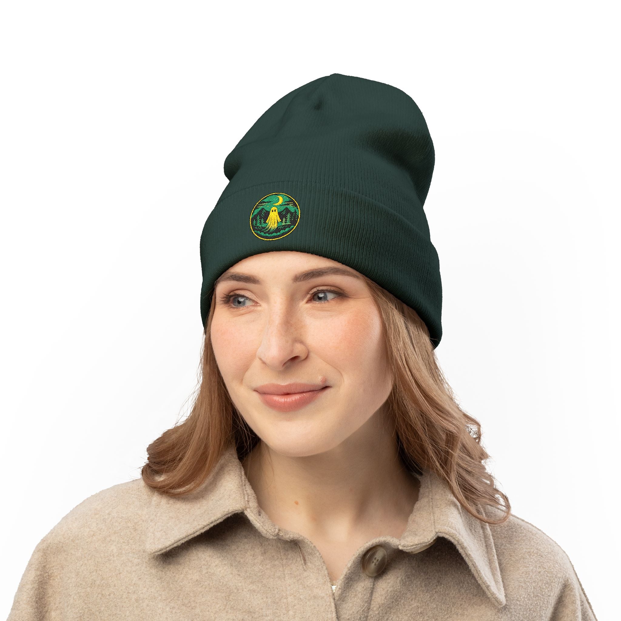 Embroidered Night Owl Knit Beanie — Cozy Moonlit Forest Winter Hat