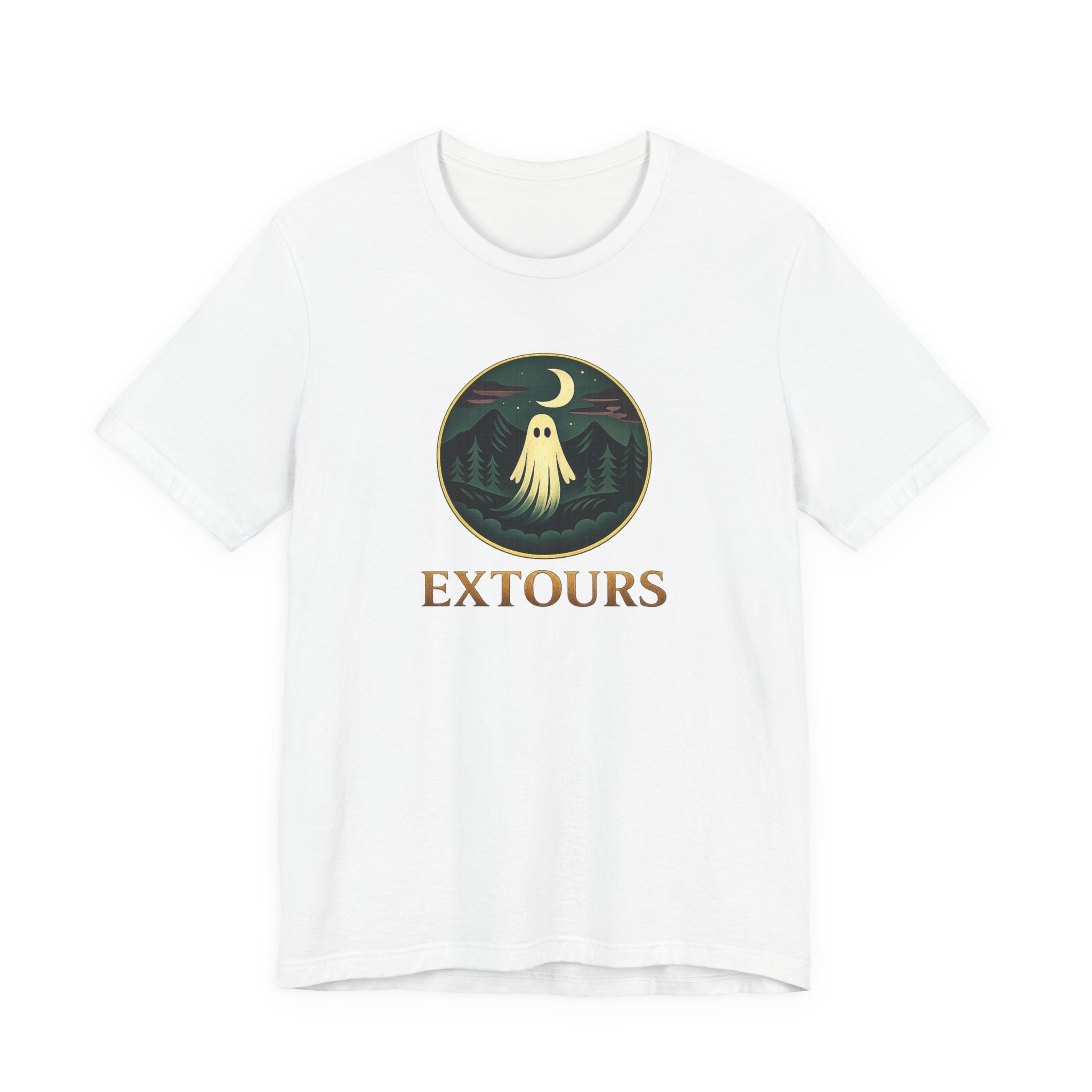 Extours Ghost Logo Tee — Adventure Camping T‑Shirt with Moonlit Forest Design