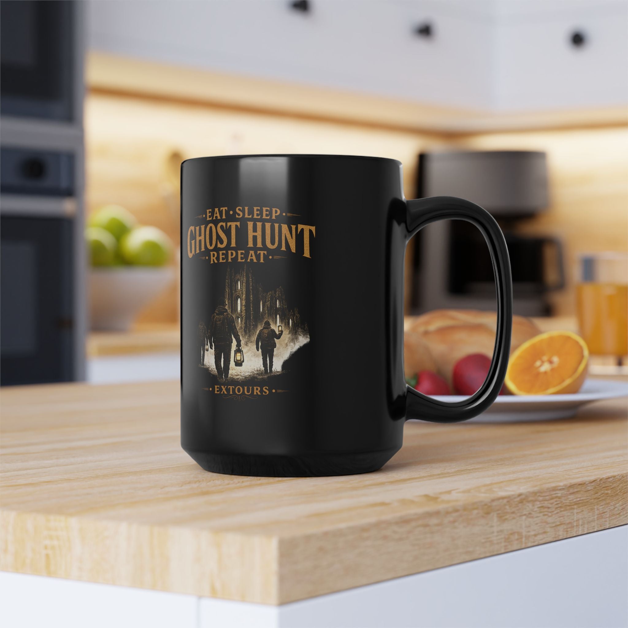 Ghost Hunting Mug – "Eat Sleep Ghost Hunt Repeat" 15oz Black Coffee Cup