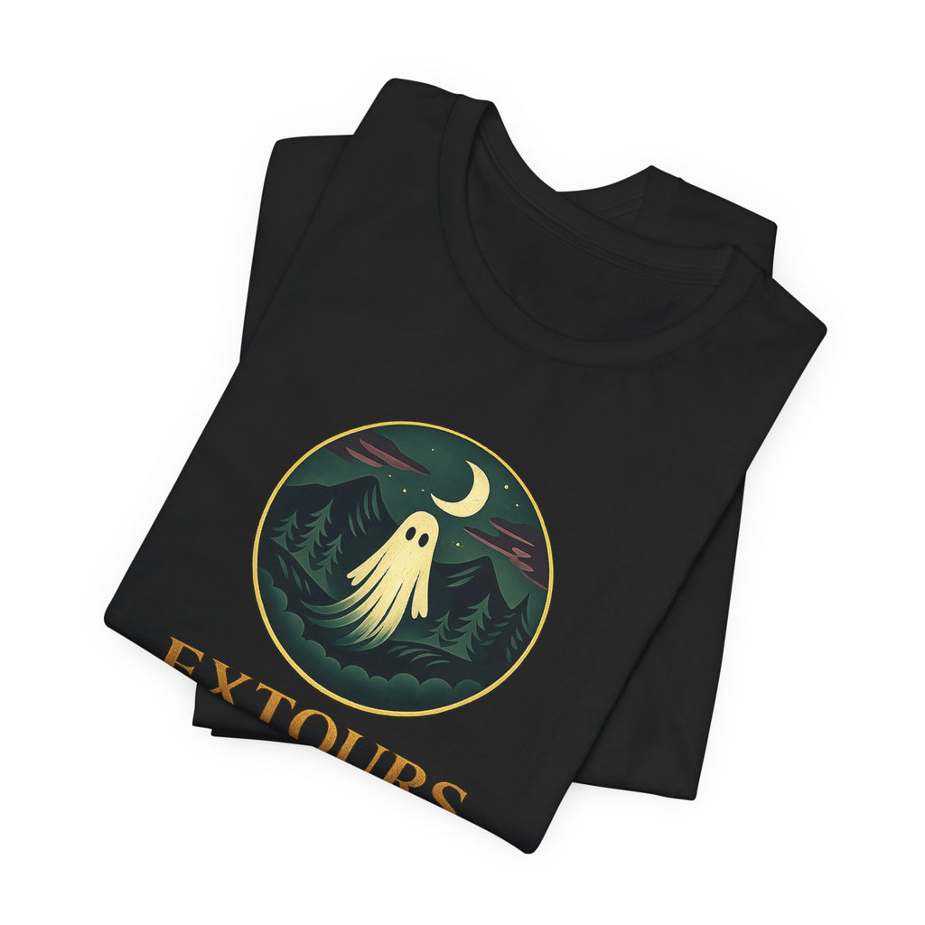 Extours Ghost Logo Tee — Adventure Camping T‑Shirt with Moonlit Forest Design