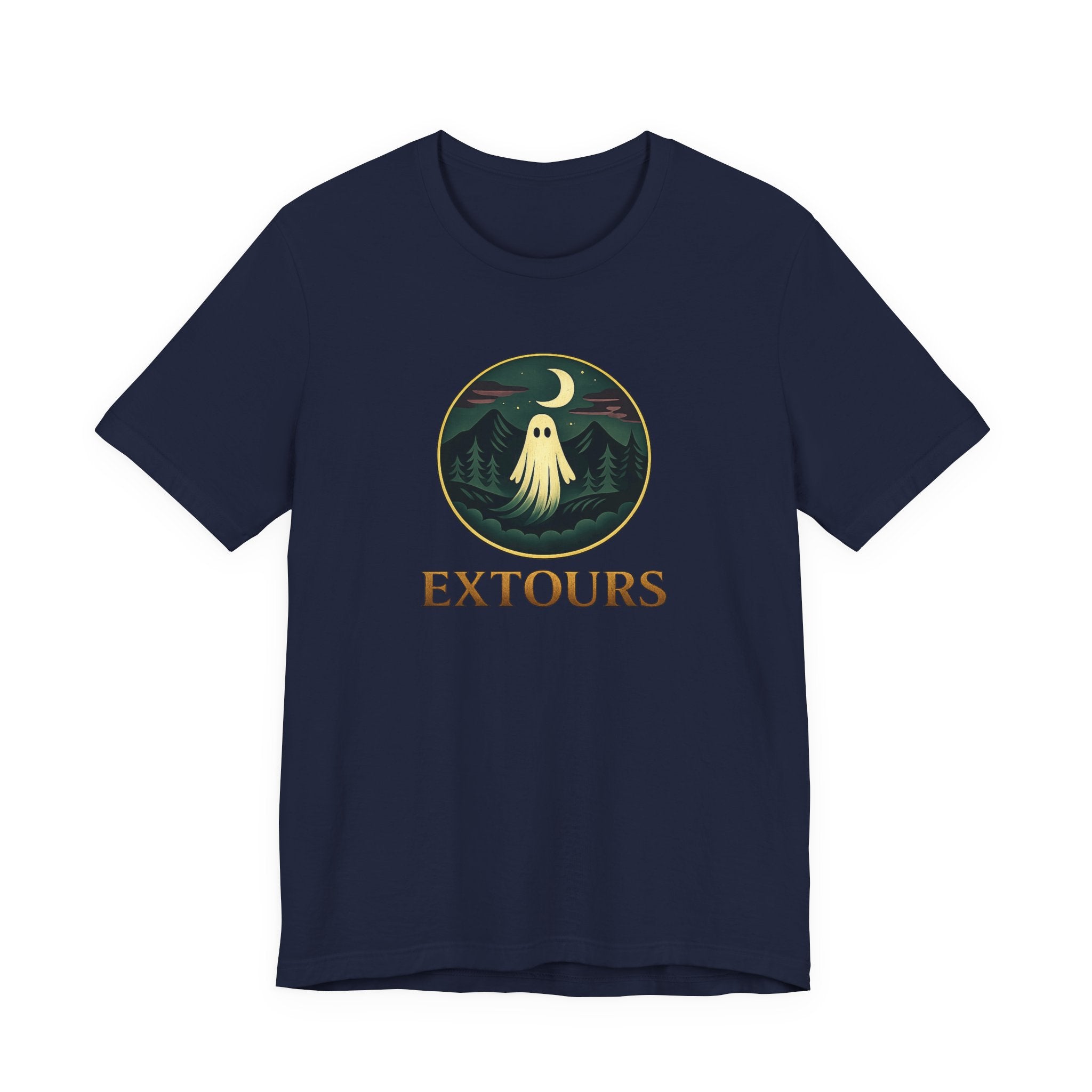 Extours Ghost Logo Tee — Adventure Camping T‑Shirt with Moonlit Forest Design