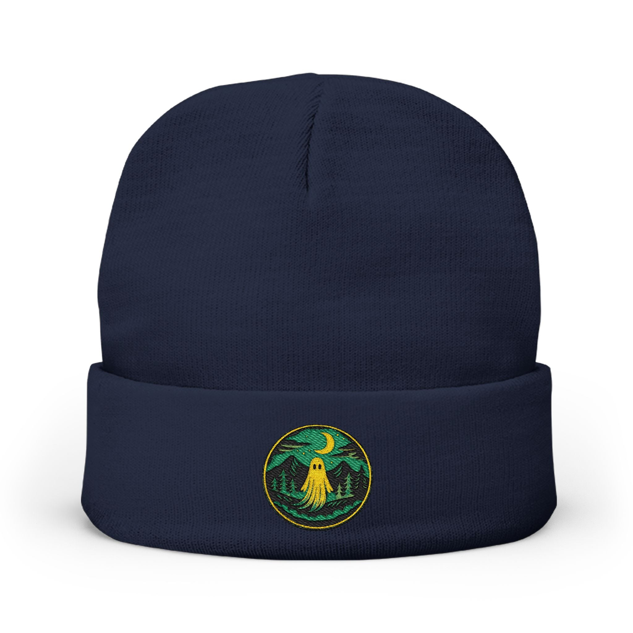 Embroidered Night Owl Knit Beanie — Cozy Moonlit Forest Winter Hat