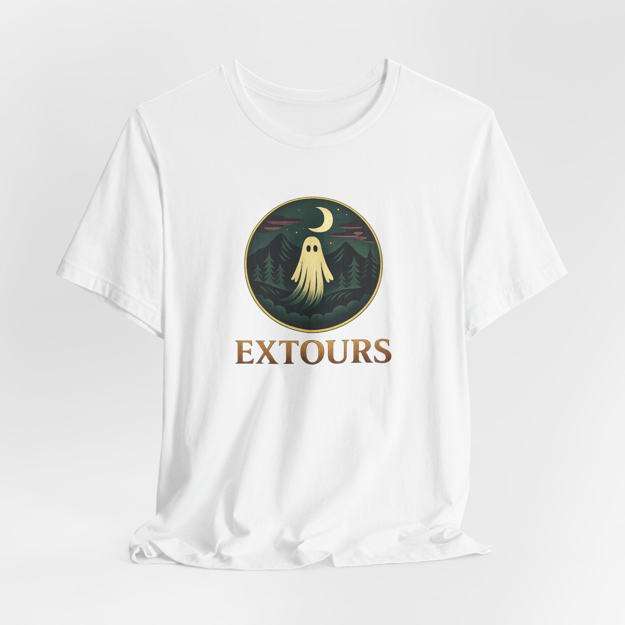 Extours Ghost Logo Tee — Adventure Camping T‑Shirt with Moonlit Forest Design
