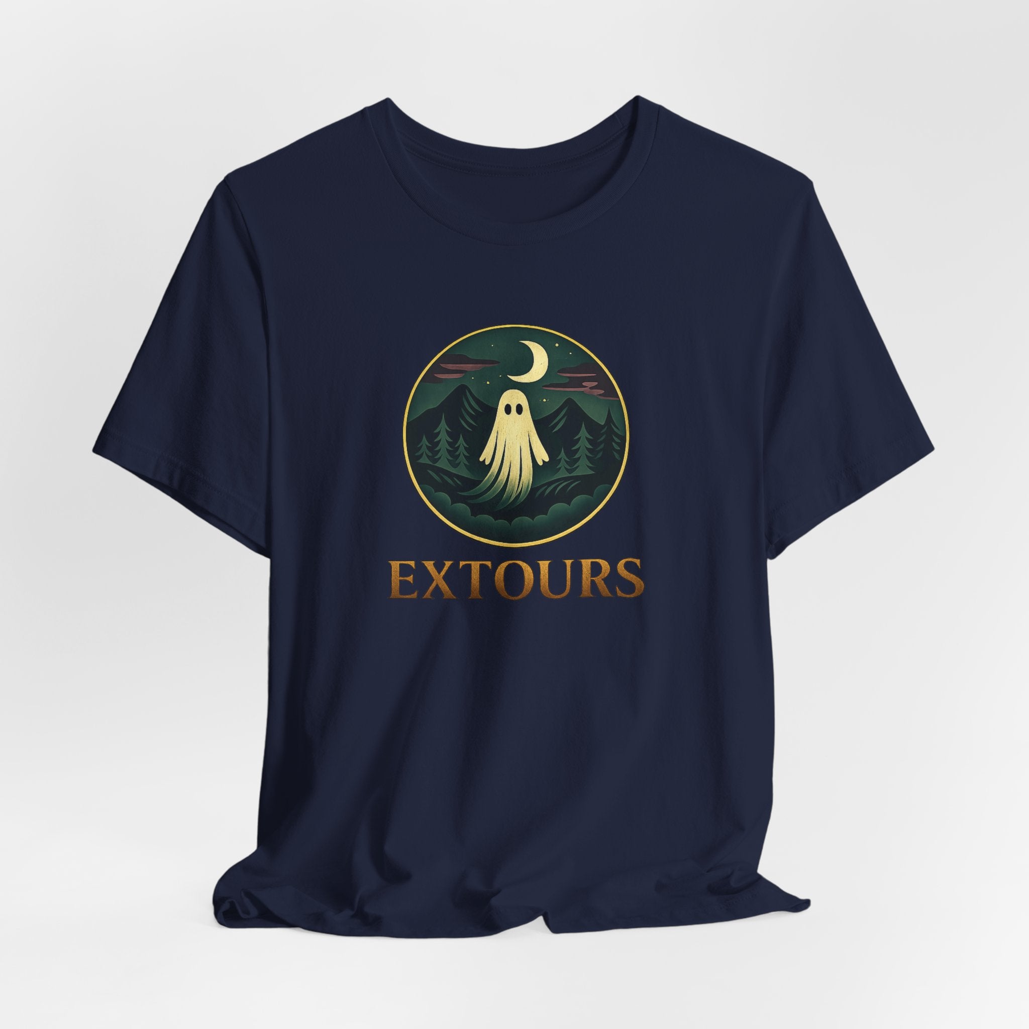 Extours Ghost Logo Tee — Adventure Camping T‑Shirt with Moonlit Forest Design