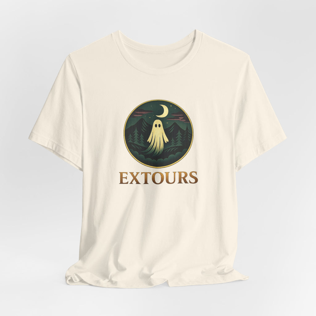 Extours Ghost Logo Tee — Adventure Camping T‑Shirt with Moonlit Forest Design