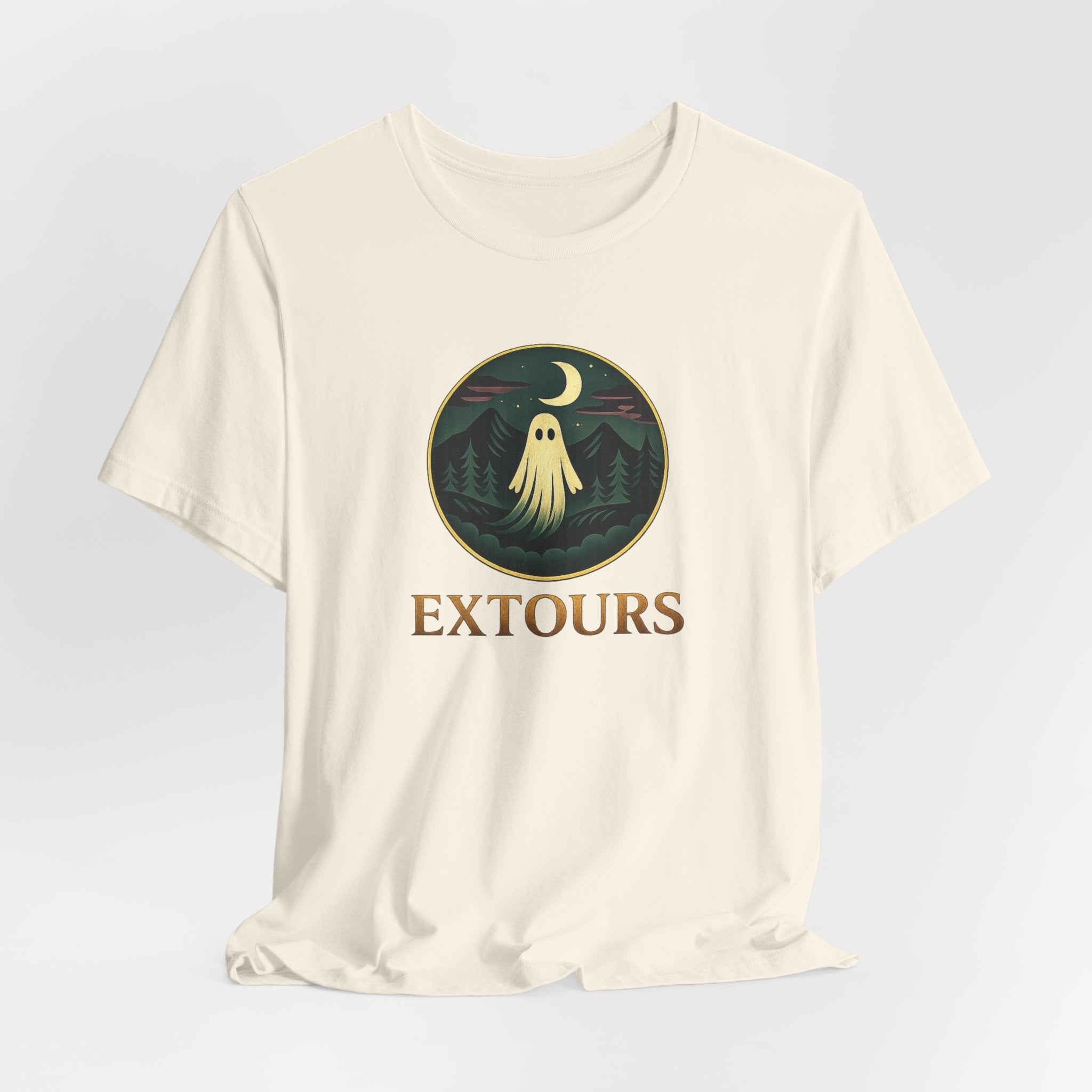 Extours Ghost Logo Tee — Adventure Camping T‑Shirt with Moonlit Forest Design