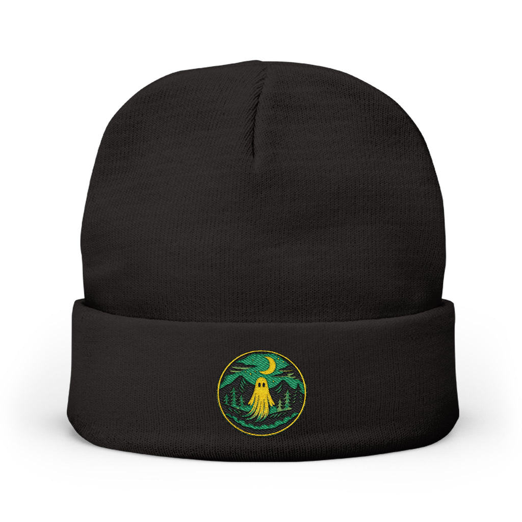 Embroidered Night Owl Knit Beanie — Cozy Moonlit Forest Winter Hat