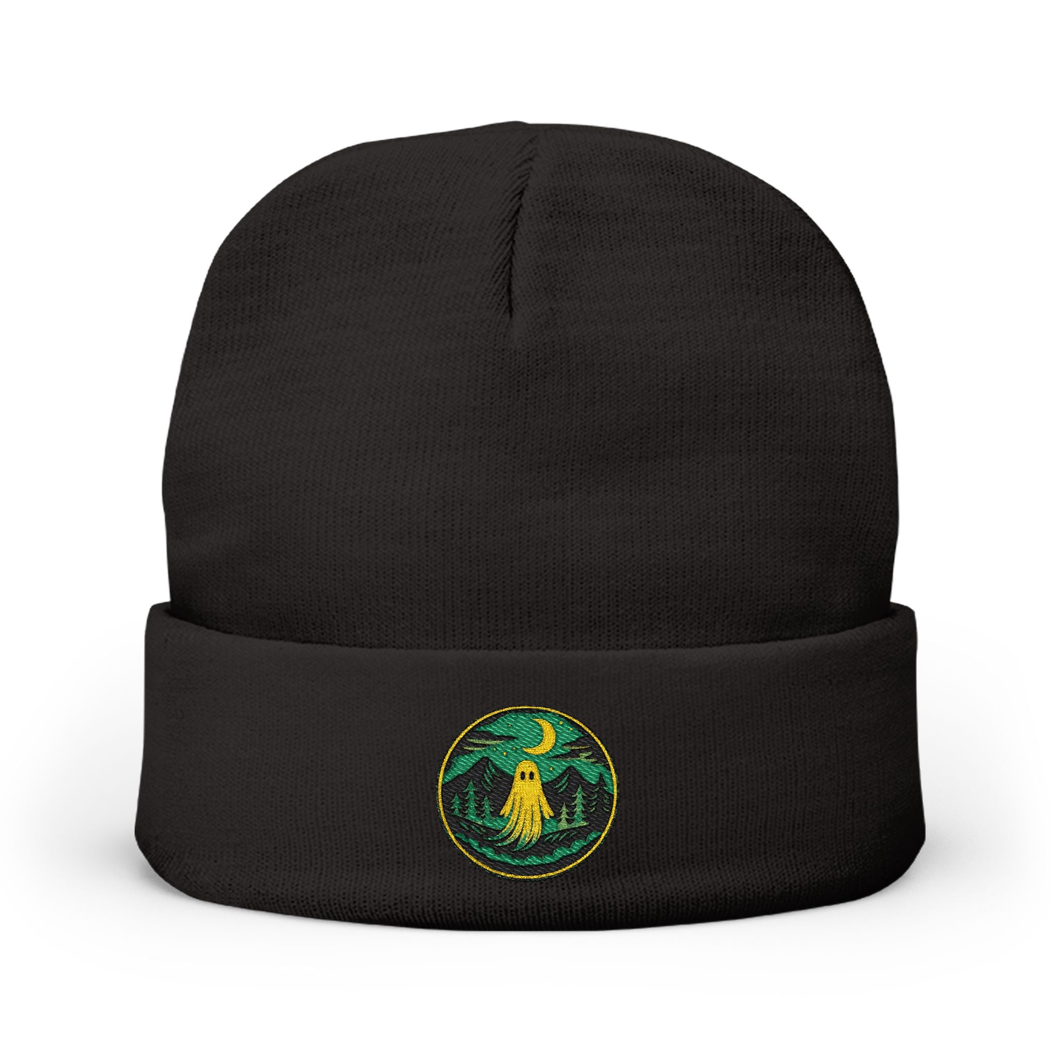 Embroidered Night Owl Knit Beanie — Cozy Moonlit Forest Winter Hat