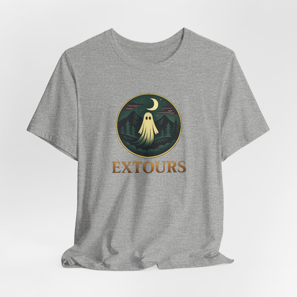 Extours Ghost Logo Tee — Adventure Camping T‑Shirt with Moonlit Forest Design