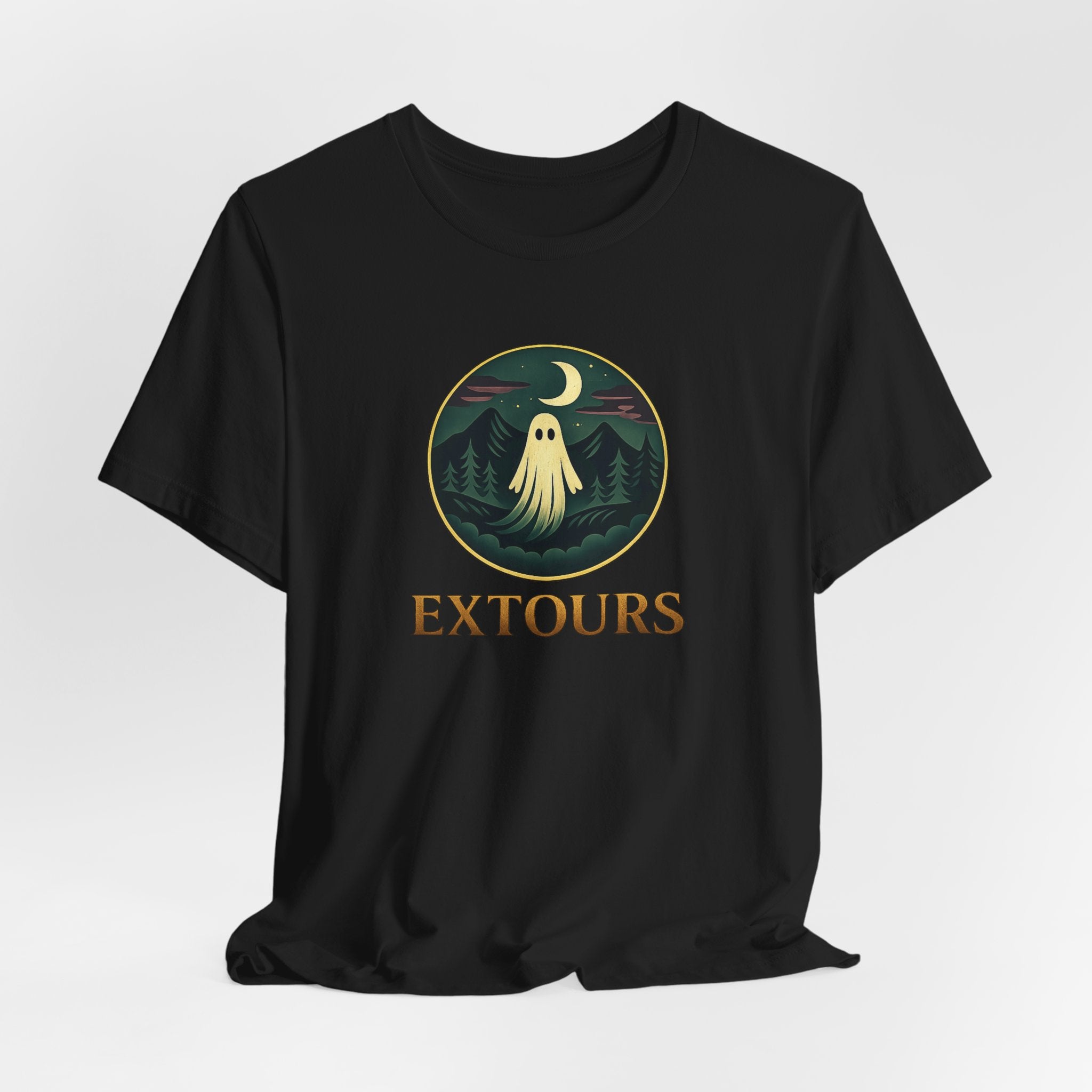 Extours Ghost Logo Tee — Adventure Camping T‑Shirt with Moonlit Forest Design
