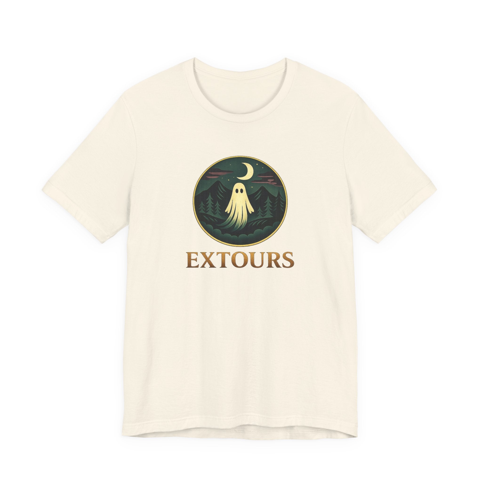 Extours Ghost Logo Tee — Adventure Camping T‑Shirt with Moonlit Forest Design