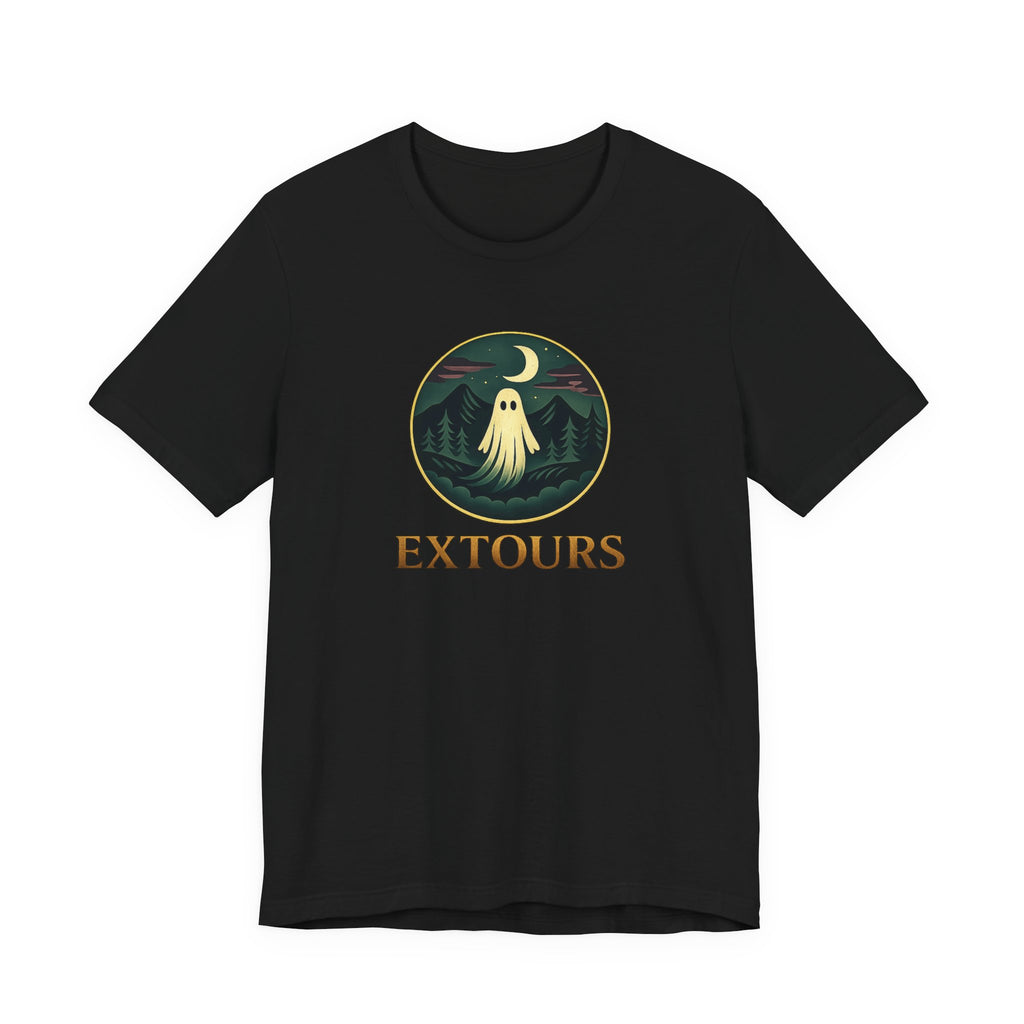 Extours Ghost Logo Tee — Adventure Camping T‑Shirt with Moonlit Forest Design