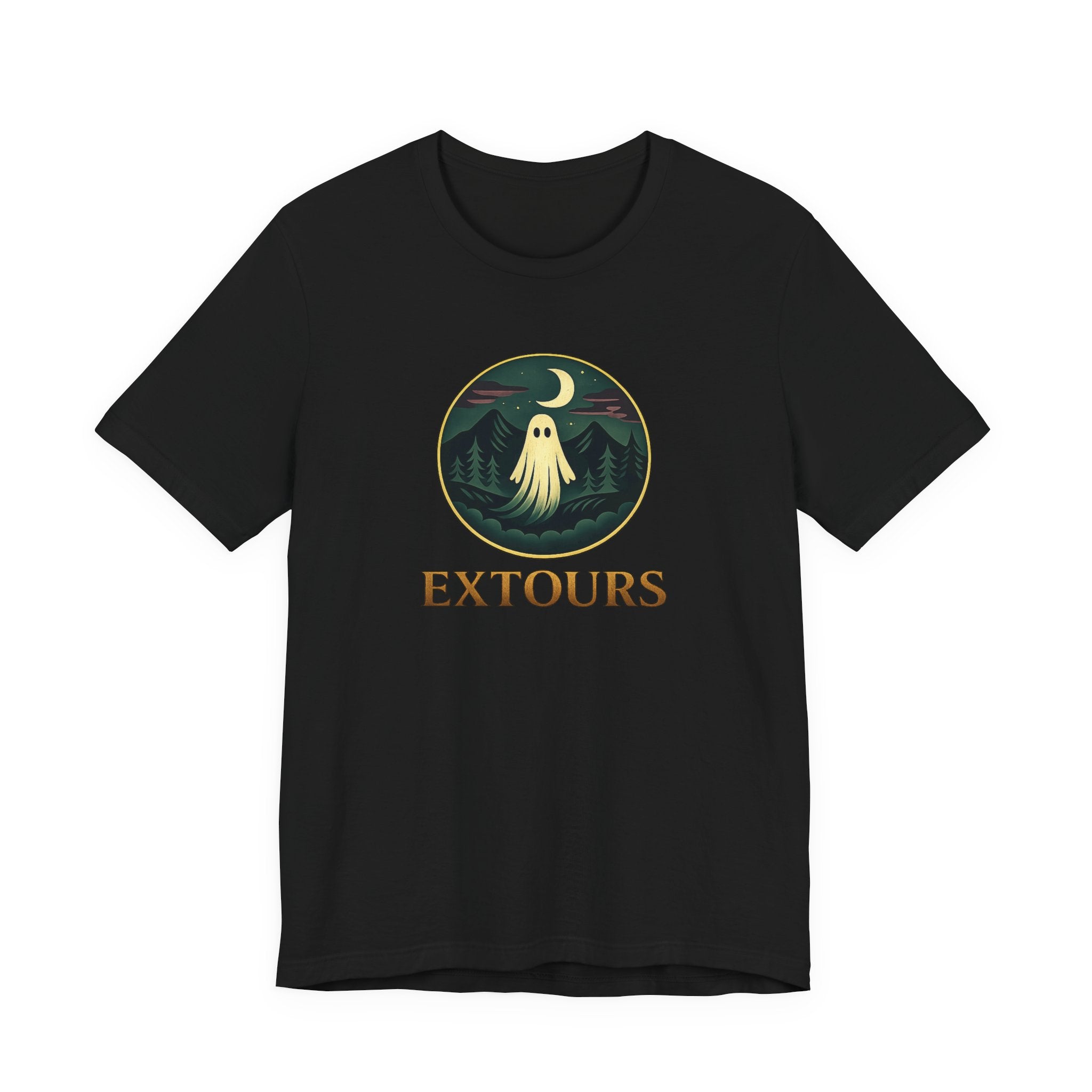 Extours Ghost Logo Tee — Adventure Camping T‑Shirt with Moonlit Forest Design